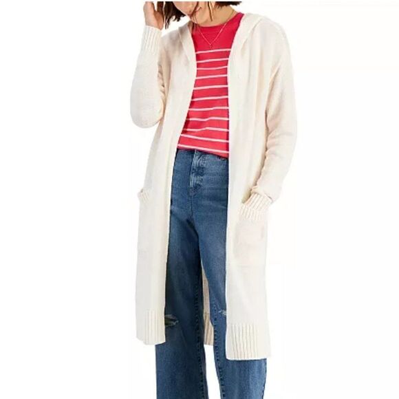 Style&Co Longline Open Front Hoodied Cardigan Sweater Size S Ivory Cream Vanilla - Picture 1 of 10
